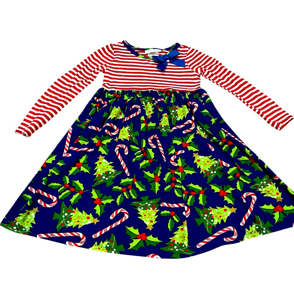Bonnie Jean girls size 6 Festive Striped and Holiday Print Dress good condition